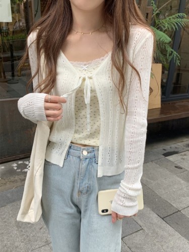 Photographed Summer Korean Version BM Tapered Elegant V-Neck Belted Open Knit Top for Women, Holes, Sun Protection, Outerwear