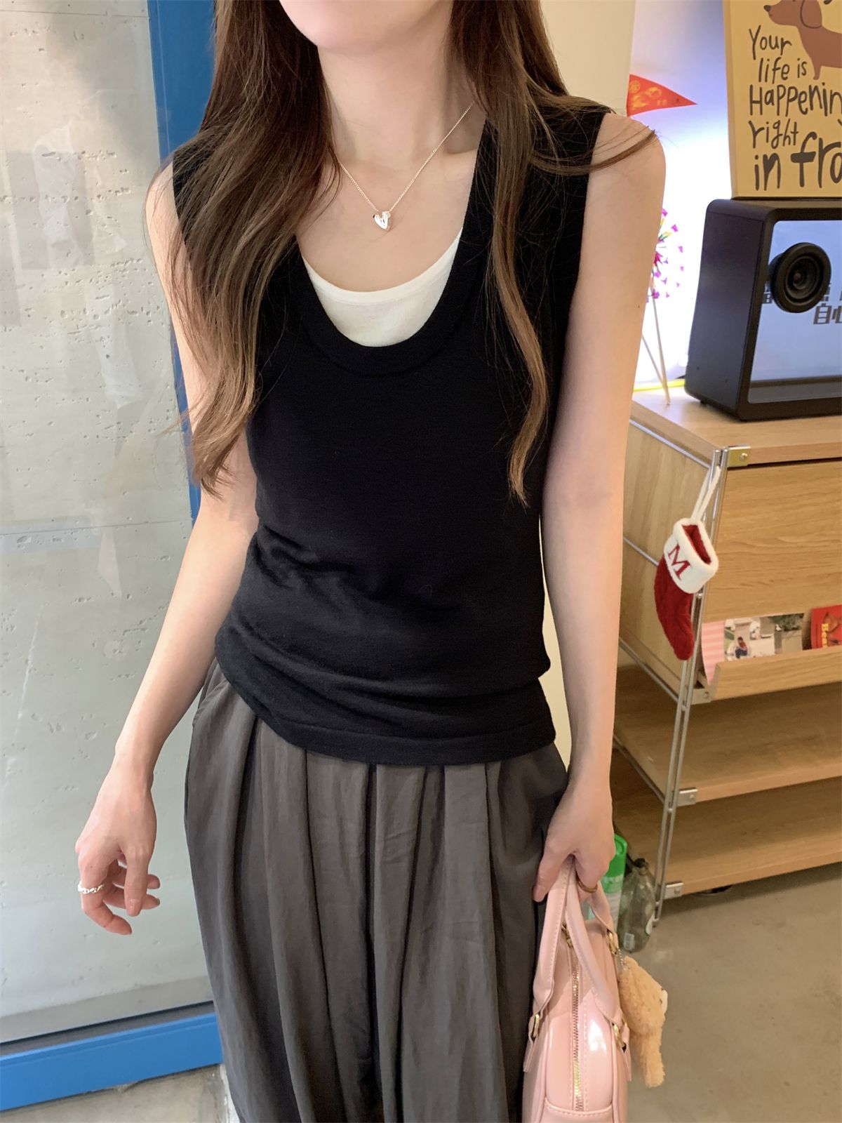 Summer Korean Style U-Neck Contrast Color Two-Piece Casual Sleeveless V-Neck Wool Blend Knit Top