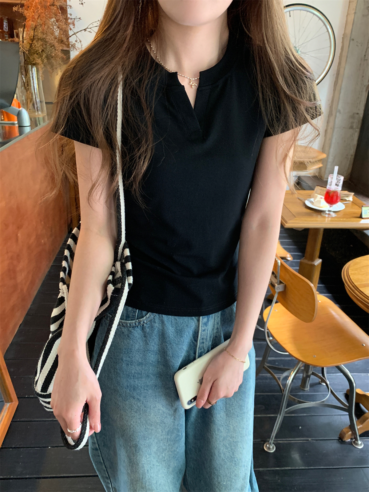 實拍 夏季韓版修身半開領正肩純色百搭純棉短袖T恤上衣女