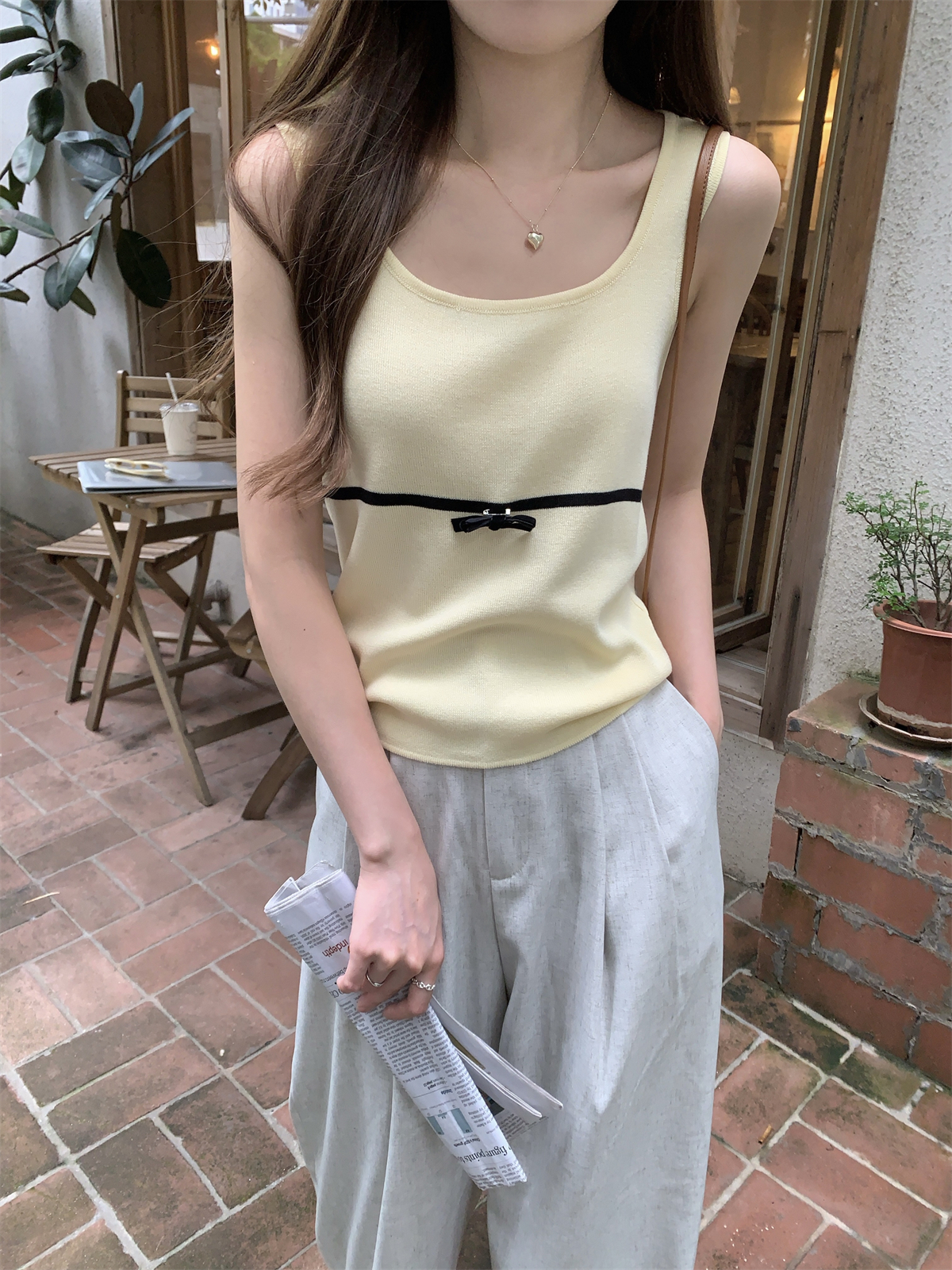 Photographed Summer Korean Version Ins Style Elegant Square Collar Colorful Bowknot Versatile Knitted Top