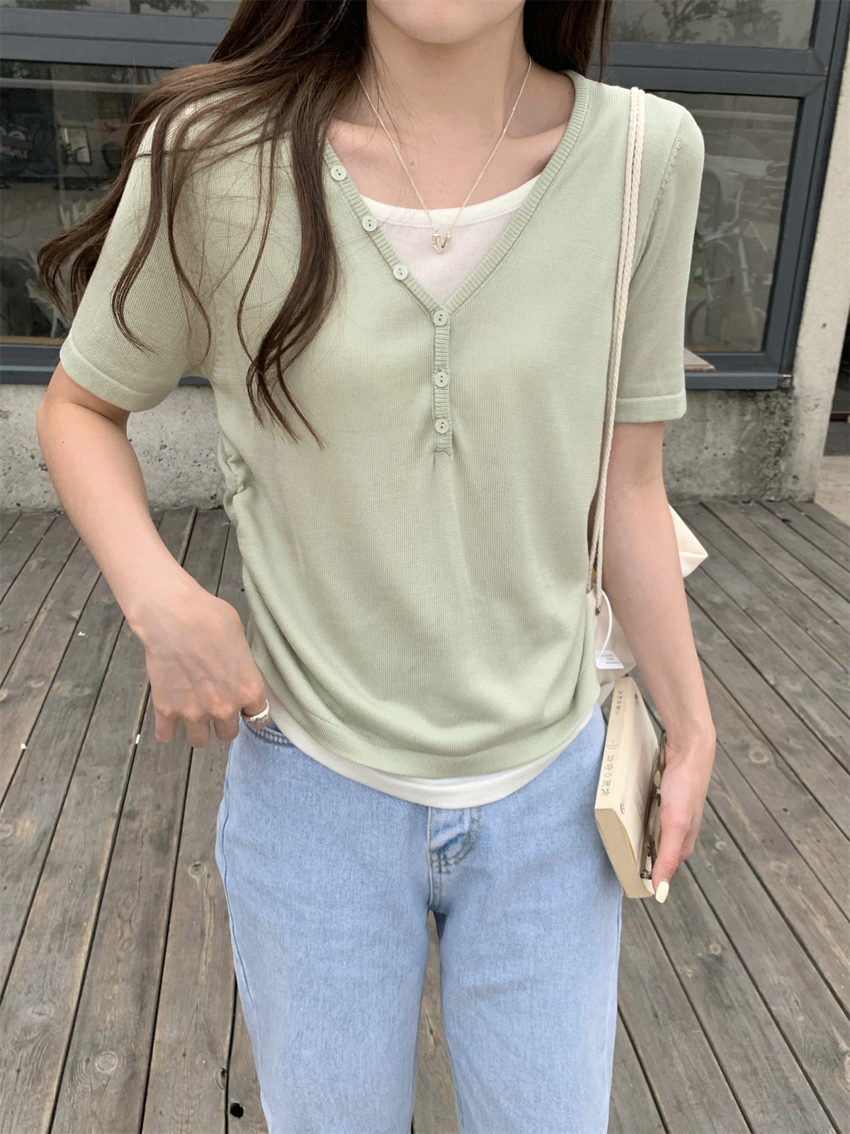 Summer Korean-style temperament color-blocking two-piece button-down high-end lightweight knit short-sleeved top for women