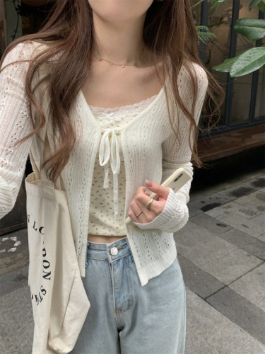 Photographed Summer Korean Version BM Tapered Elegant V-Neck Belted Open Knit Top for Women, Holes, Sun Protection, Outerwear