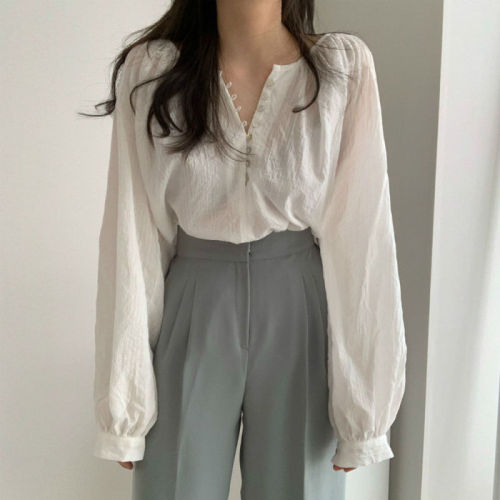 Korean chic French niche long-sleeved tops retro Hong Kong style simple temperament loose slimming versatile shirt for women