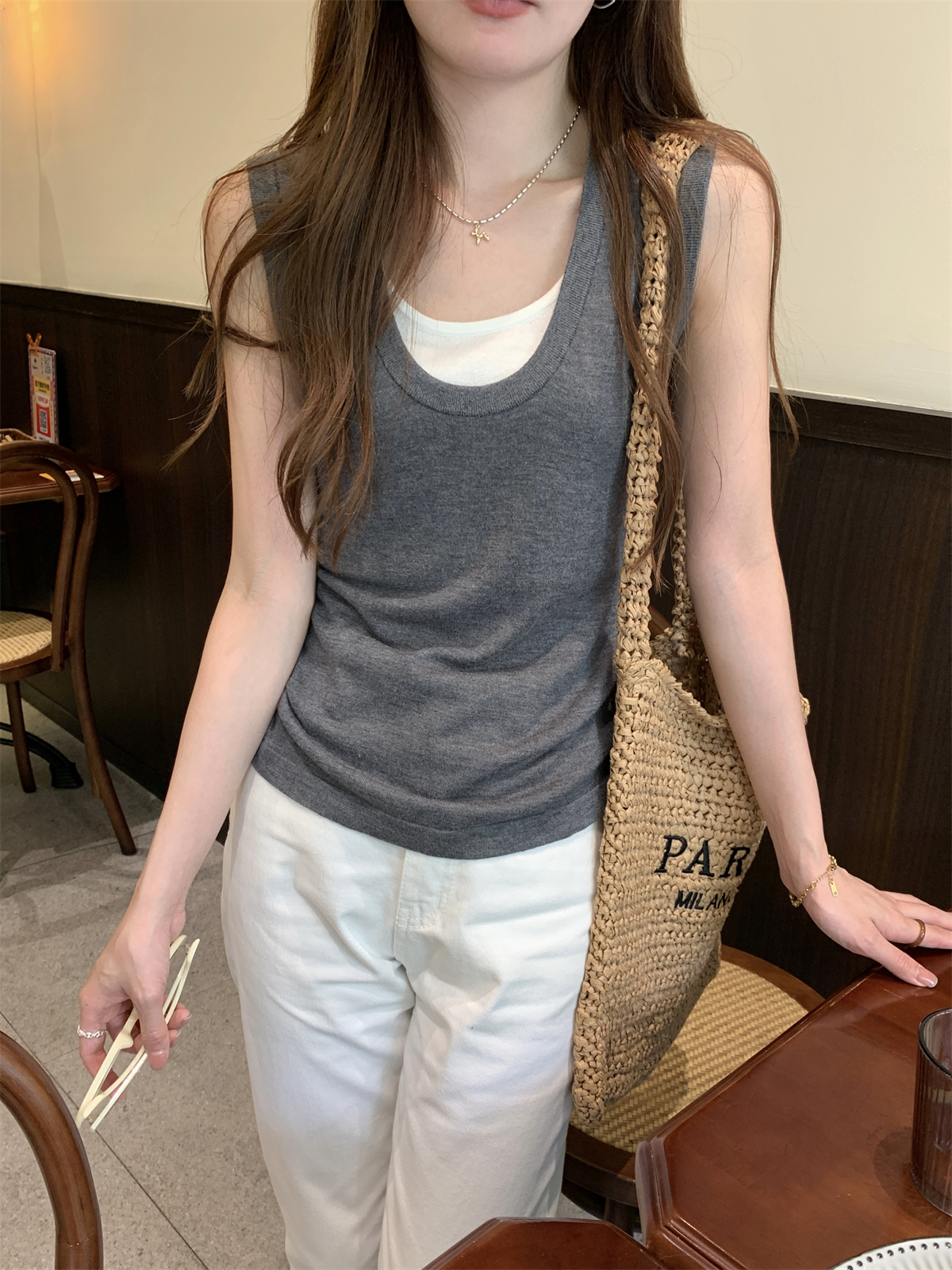 Summer Korean-style temperament U-neck color-blocked two-piece versatile thin knit cardigan top