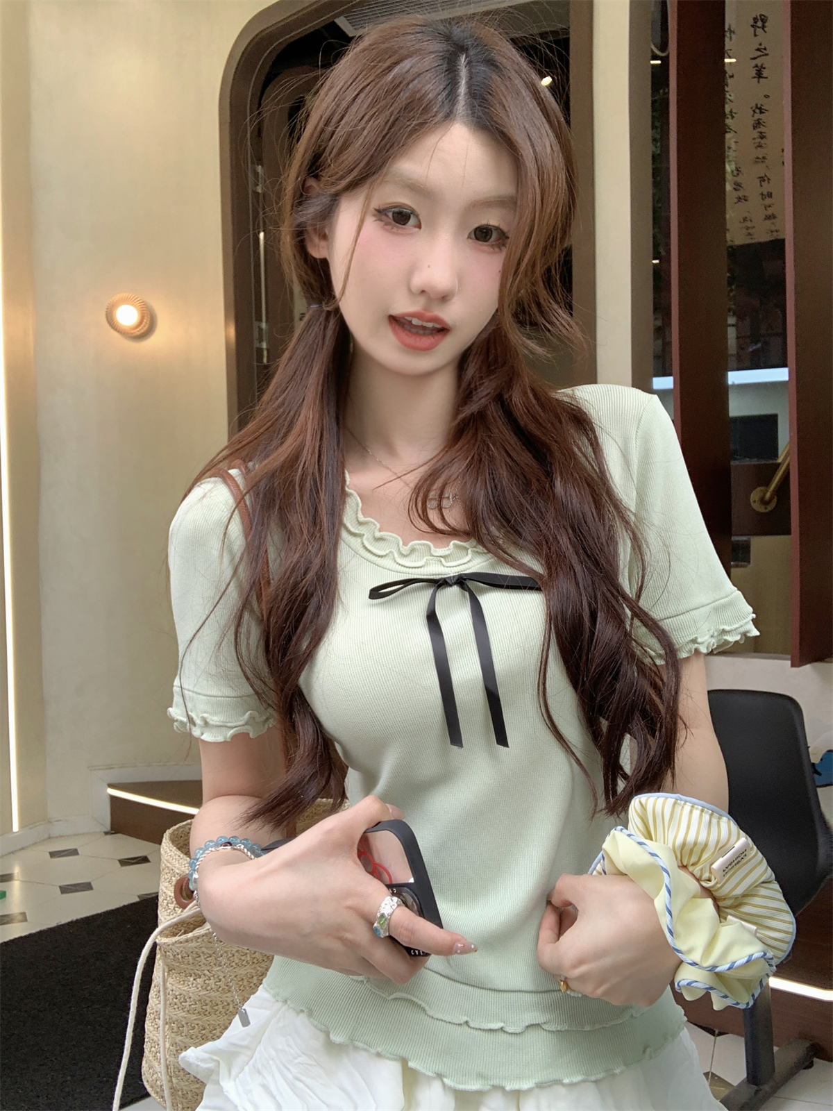 Real shot summer Korean version slimming ruffled bowknot youthful design sense knit short-sleeved shirt 