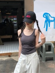 Actual shot of summer Korean style slim-fitting U-neck solid color chest pad versatile cotton camisole T-shirt top