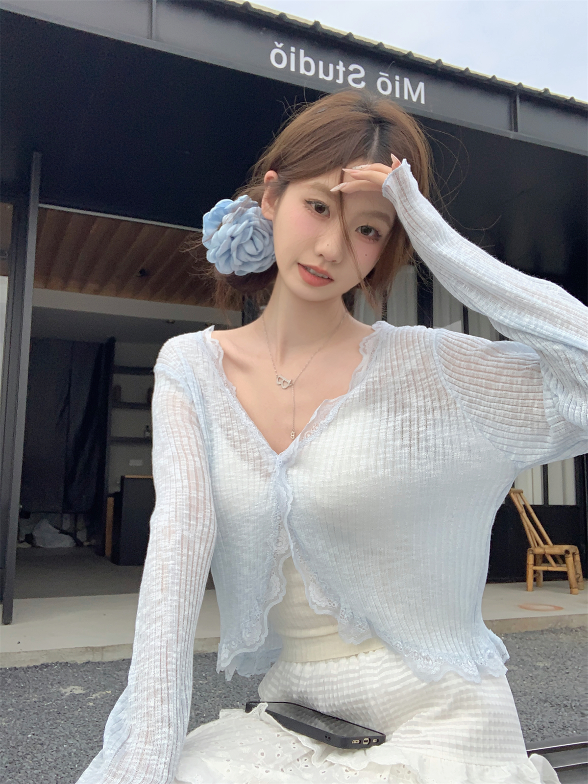 實拍 夏季韓版甜美蕾絲拼接竹節麻防曬百搭針織開衫上衣外搭
