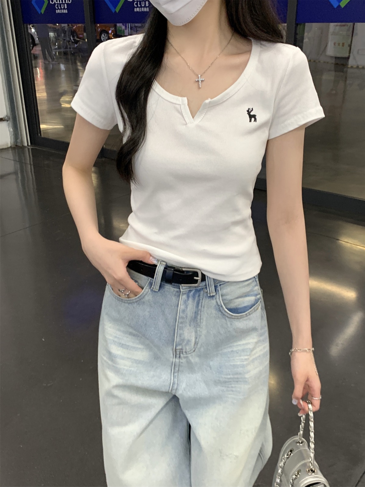 實拍 夏季韓版bm半開領正肩百搭刺繡設計感純棉短袖T恤上衣女