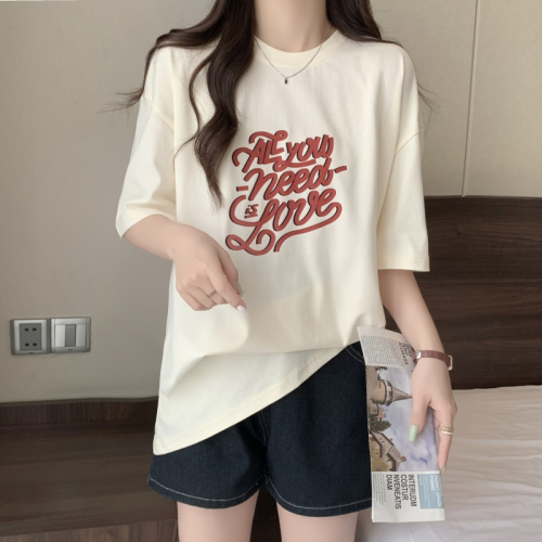 韩国外贸订单实拍100%棉精梳纯棉 印花夏装短袖T恤女宽松韩版