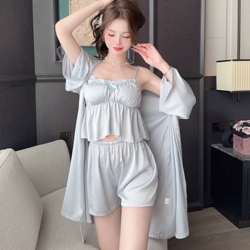 Real shot of summer pajamas, female sexy suspender shorts, outer robe, three-piece suit with breast pad, satin ice silk home clothes