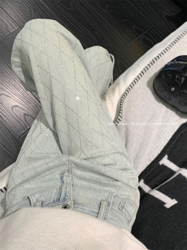 Actual shot ~ Summer new high temperature rhombus perm jeans for women, versatile slimming straight-leg floor mopping pants