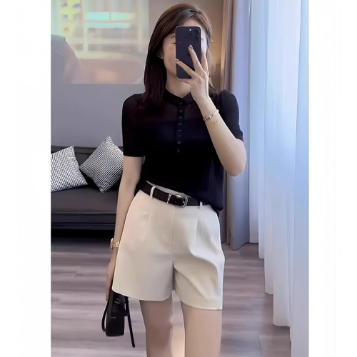 Casual style summer outfit, a complete set of women's black short-sleeved T-shirt + high-waisted wide-leg shorts two-piece set for women