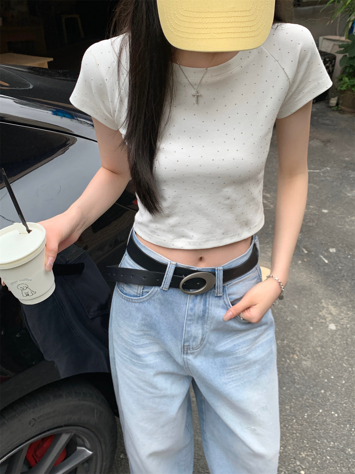 實拍 夏季韓版插肩燙鑽辣妹露臍顯瘦設計感純棉針織短袖上衣