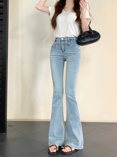 Actual shot~Summer new style high-waist slim washed light blue slightly flared jeans