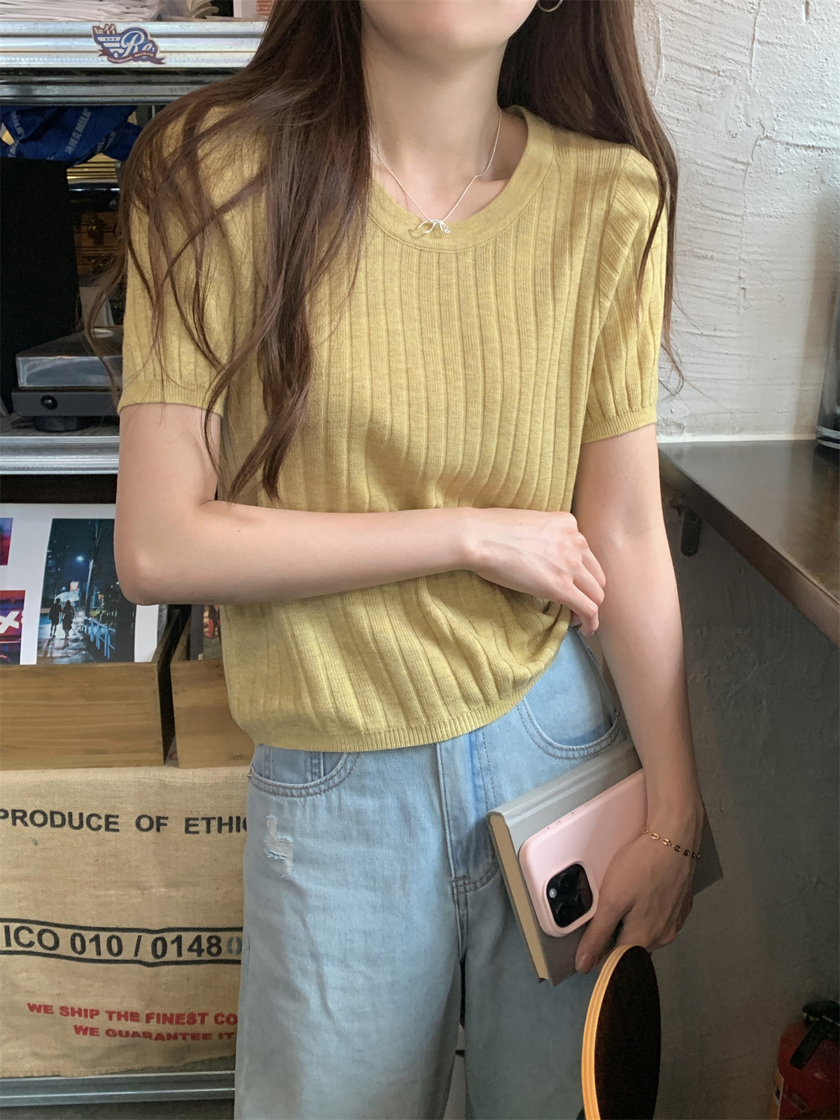 實拍 夏季韓版圓領純色簡約坑條高級感6羊毛針織短袖上衣女