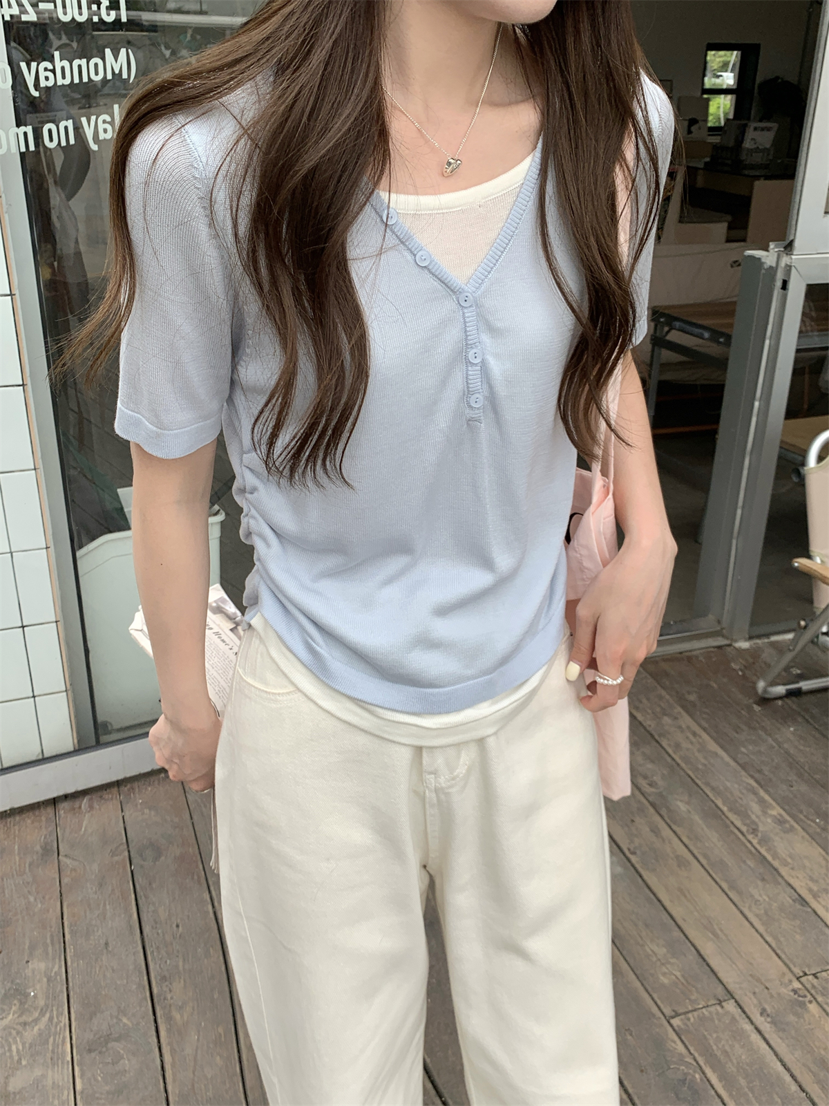 實拍 夏季韓版氣質撞色假兩件紐扣設計天絲輕薄針織短袖上衣