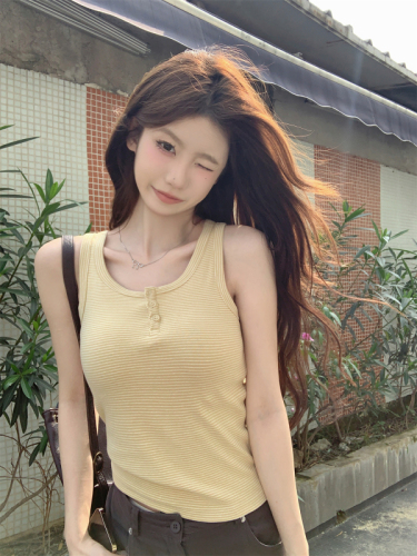 实拍 夏季韩版修身bm纽扣设计感撞色条纹百搭纯棉T恤背心上衣