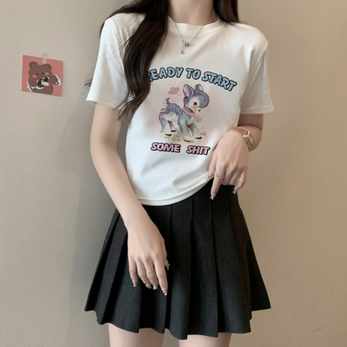 实拍韩版夏季新款卡通小鹿印花减龄短款短袖T恤