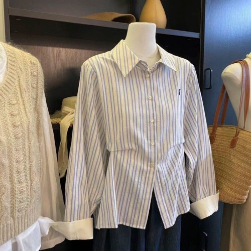 Casual striped shirt women's new Dongdaemun early autumn pleated design shirt small fresh blue top