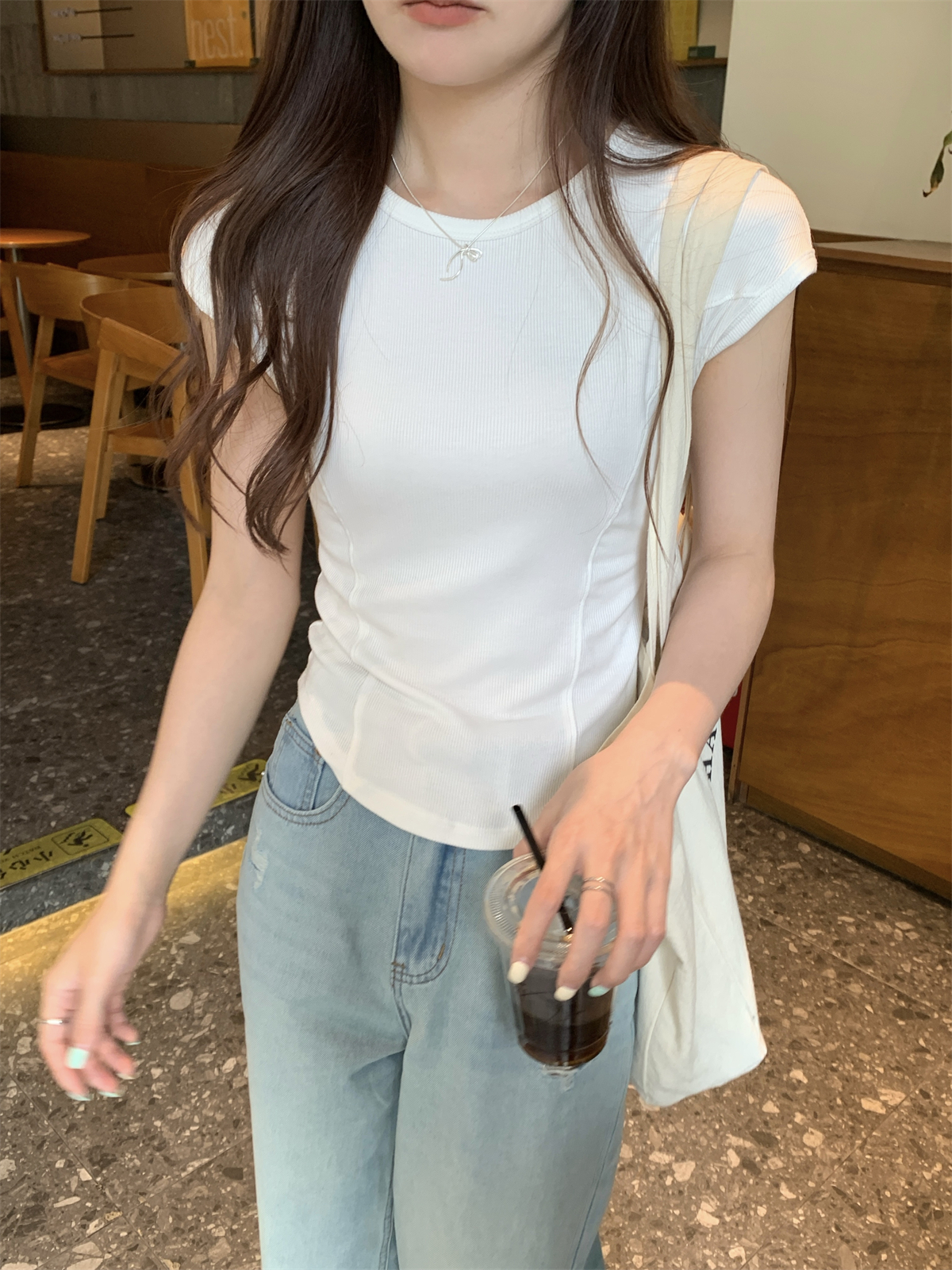 實拍 夏季韓版修身圓領魚骨純色顯瘦百搭純棉短袖T恤上衣