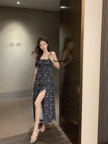 Real shot ~ 2024 new floral slit long skirt summer high-end temperament slim suspender dress for women