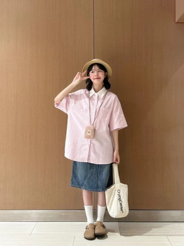 官图日系夏季新款拼接粉色条纹短袖衬衫女学院风小个子宽松衬衣潮