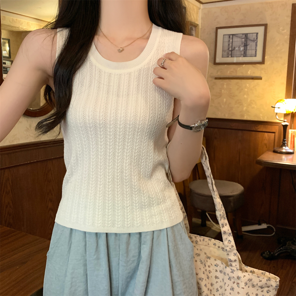 Photographed Summer Korean Style Fitted Versatile Mesh Sleeveless Knit Backless Top for Women