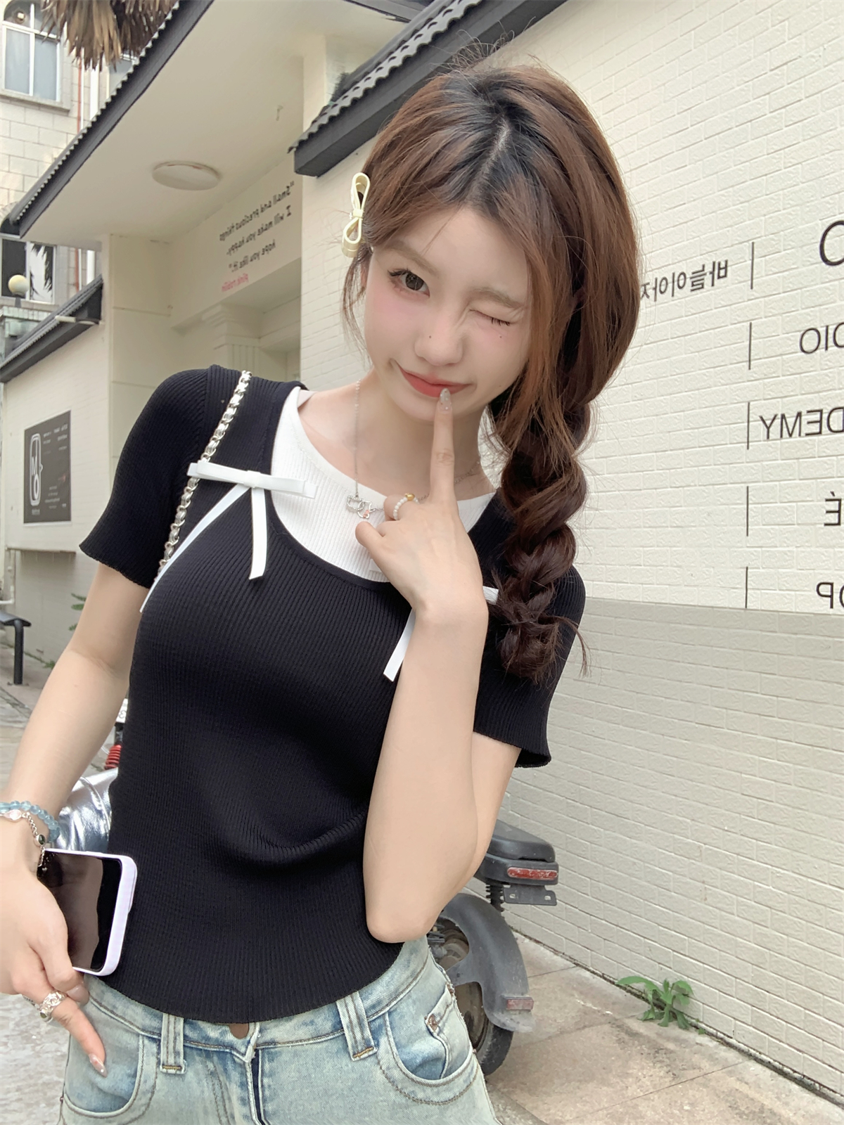 Photographed Summer Korean Style Fitted Color-blocking Two-Piece Youthful Bowknot Design Knit Short Sleeve Top