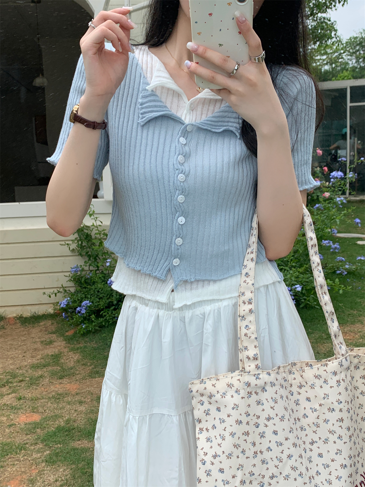 實拍 夏季韓版百搭翻領撞色假兩件單排扣6羊毛針織短袖上衣女