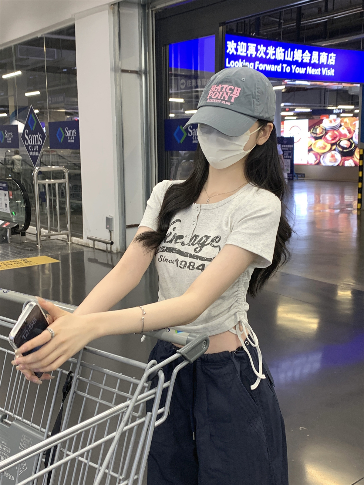 實拍 夏季韓版修身釘扣美式印花抽繩設計感純棉短袖T恤上衣