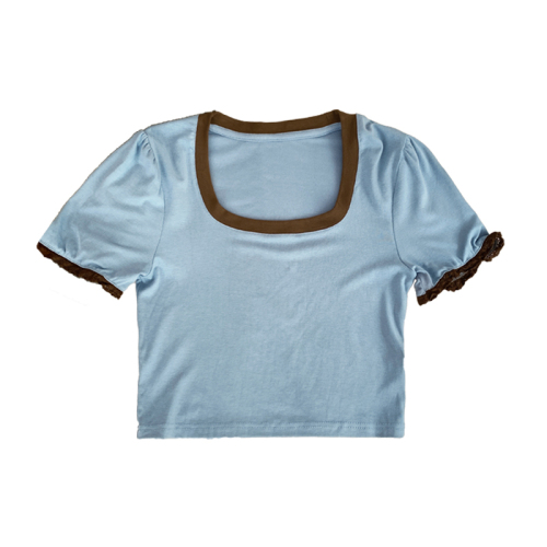 实拍图蓝色气质正肩泡泡短袖T恤女夏季新款小个子短款撞色上衣