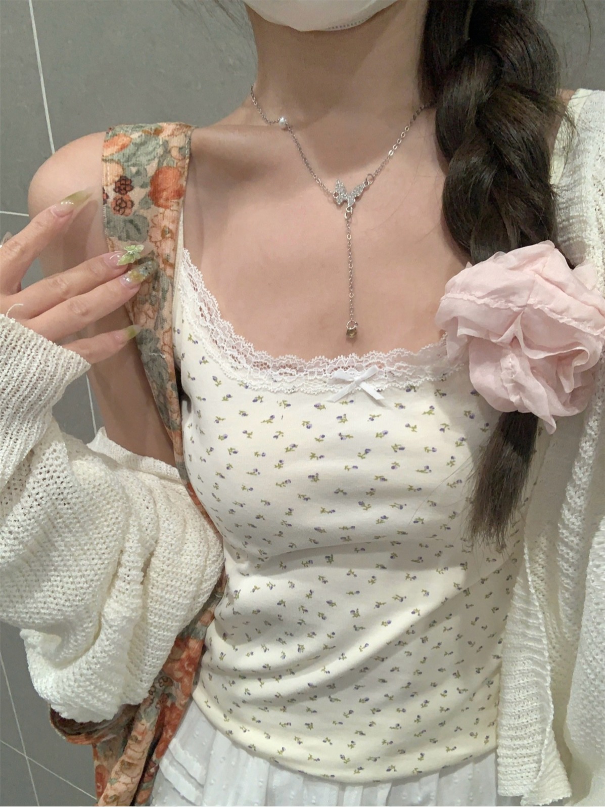 實拍 夏季韓版bm純欲碎花蕾絲拼接修身吊帶純棉T恤內搭上衣