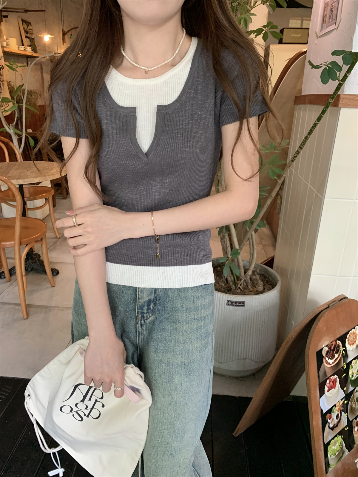 Summer Korean-style quality contrasting color two-piece bamboo node linen slimming design knit short-sleeve top