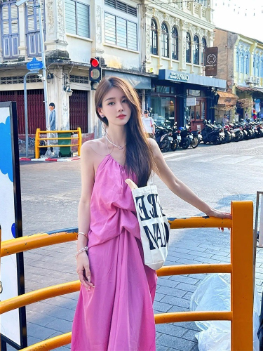 Ins travel photo wear fairy dress summer backless halter dress Sanya seaside vacation beach dress