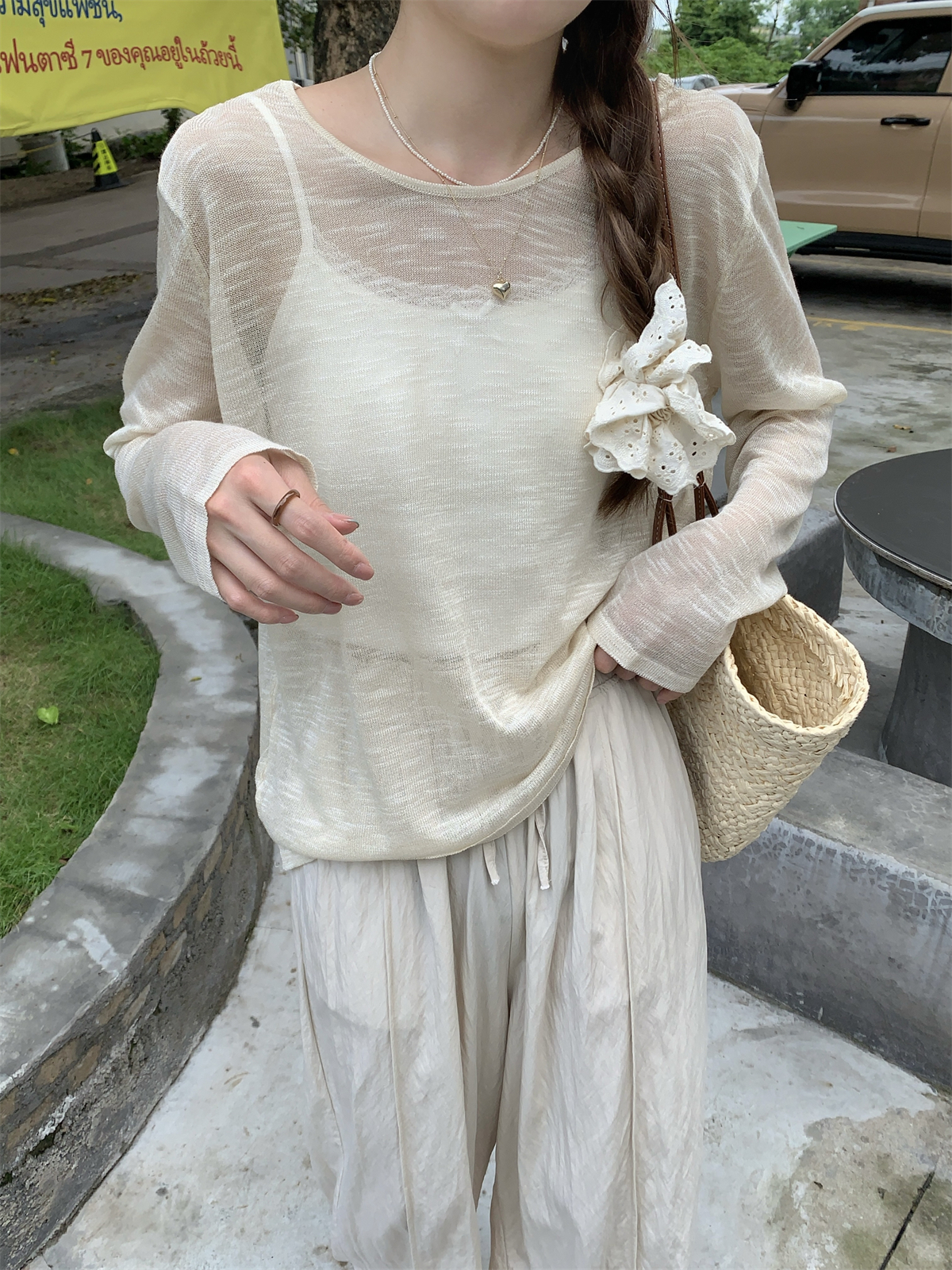 Photographed Summer Korean-style loose round neck versatile bamboo node linen sheathing sunscreen cover top knit top for women