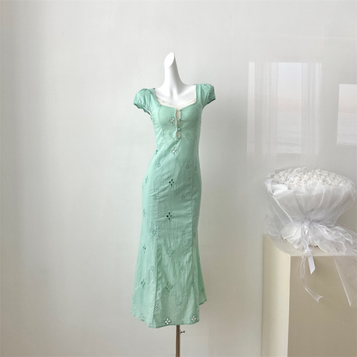 Light Su Mint Tea Break French Puff Sleeve Hollow First Love Fishtail Dress for Women