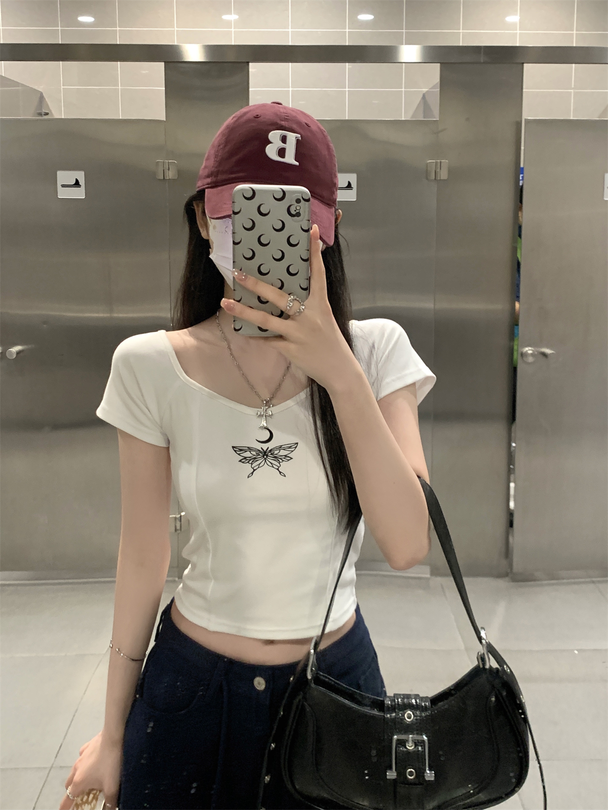 實拍 夏季韓版純欲修身方領插肩辣妹蝴蝶印花純棉短袖T恤上衣