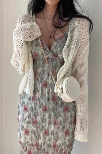 韩国chic慵懒夏季宽松镂空短款防晒针织开衫长袖薄外套女