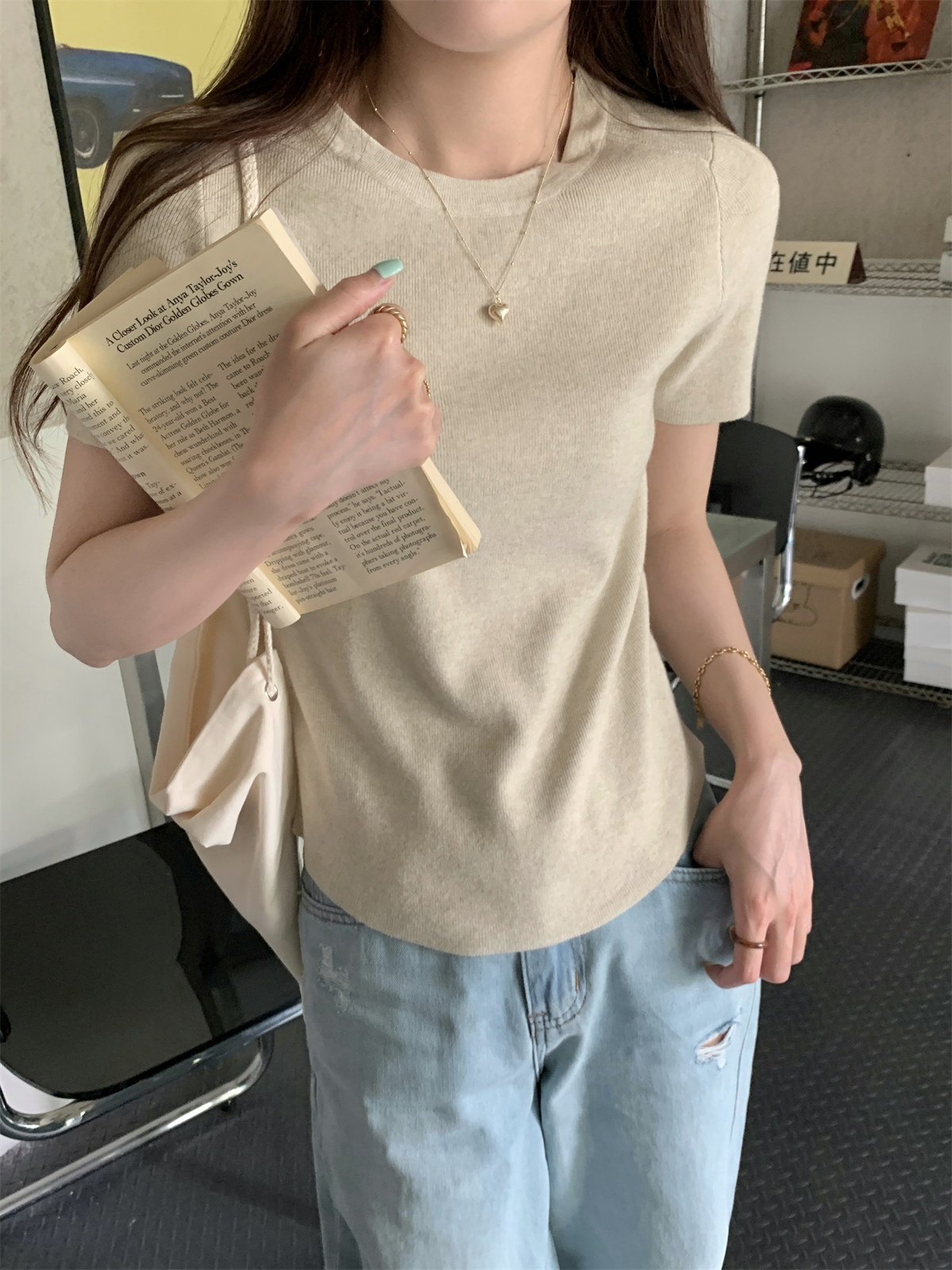 Photographed Summer Korean Style Slim Fit Ins Quality Simple Matchable Andy Wool Knit Short Sleeve Top