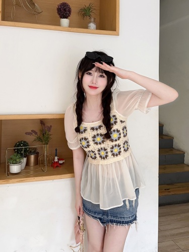 Korean style design crochet embroidery lantern sleeve chiffon shirt for women unique sweet and spicy square collar short top for petite people