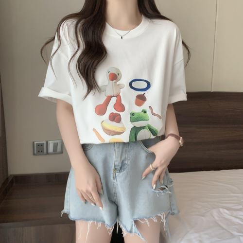 韩国外贸订单实拍100%棉精梳纯棉 印花夏装短袖T恤女宽松韩版