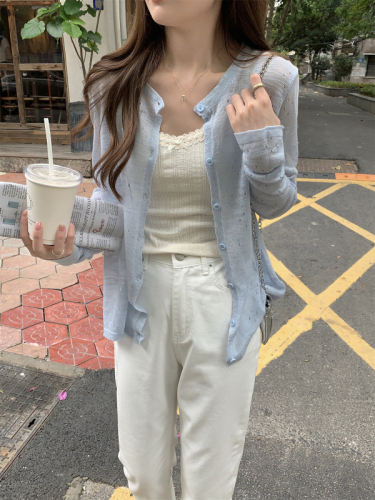 Summer Korean style loose hollow bamboo linen thin sun protection cardigan versatile knitted top for outer wear