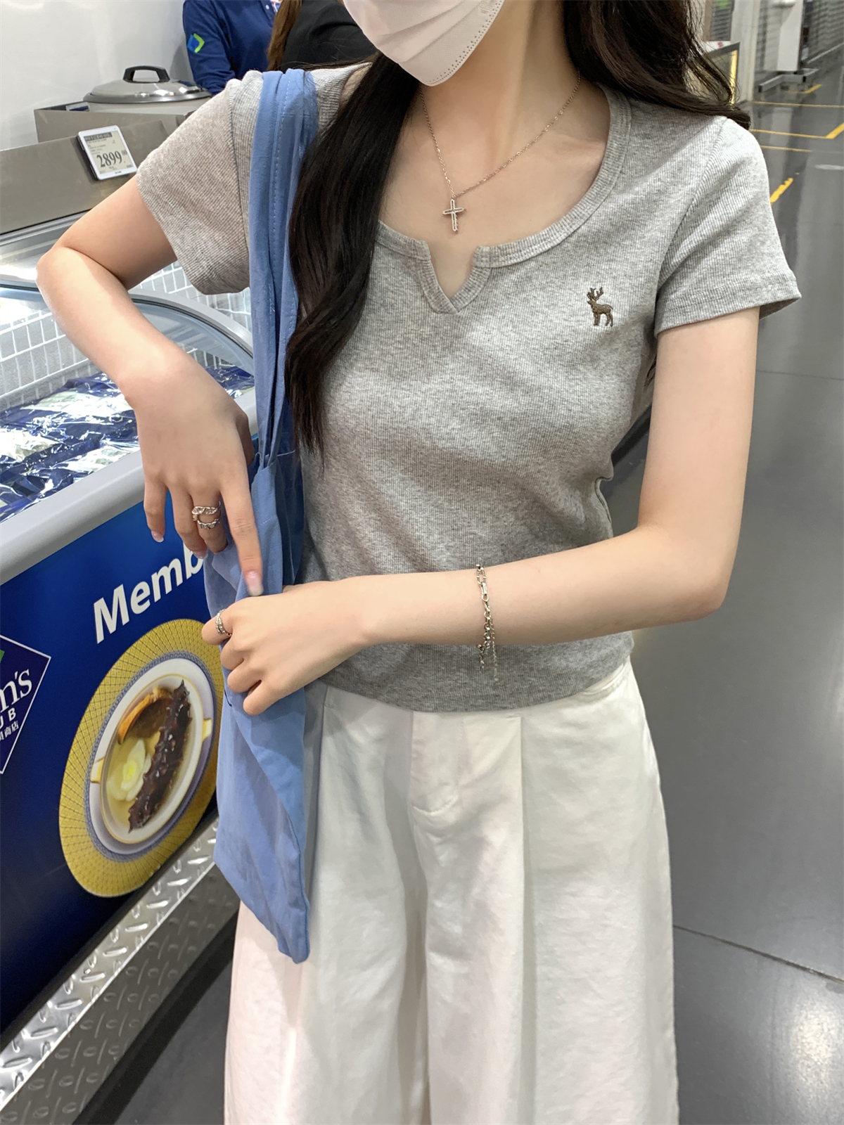 實拍 夏季韓版bm修身半開領百搭刺繡設計感純棉短袖T恤上衣女