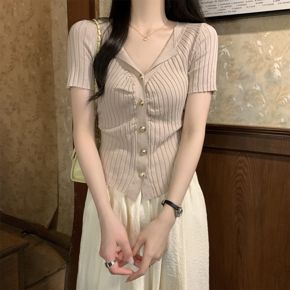 實拍 夏季韓版修身氣質翻領單排扣開衫百搭針織短袖上衣女