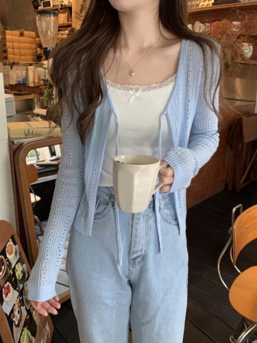 Photographed Summer Korean Version BM Tapered Elegant V-Neck Belted Open Knit Top for Women, Holes, Sun Protection, Outerwear