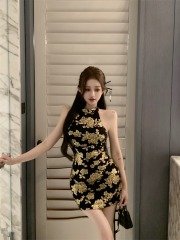 Actual shot of the underworld daughter, black and gold slim fit women's halter neck dress