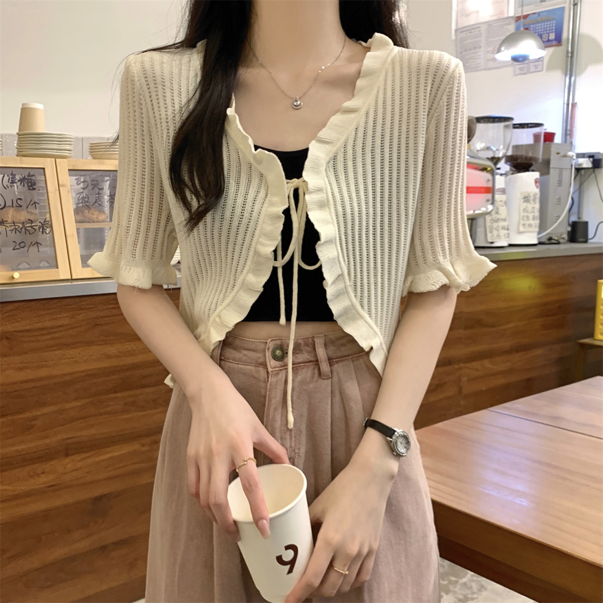 實拍 夏季韓版氣質木耳邊系帶開衫短款防曬針織上衣外搭女