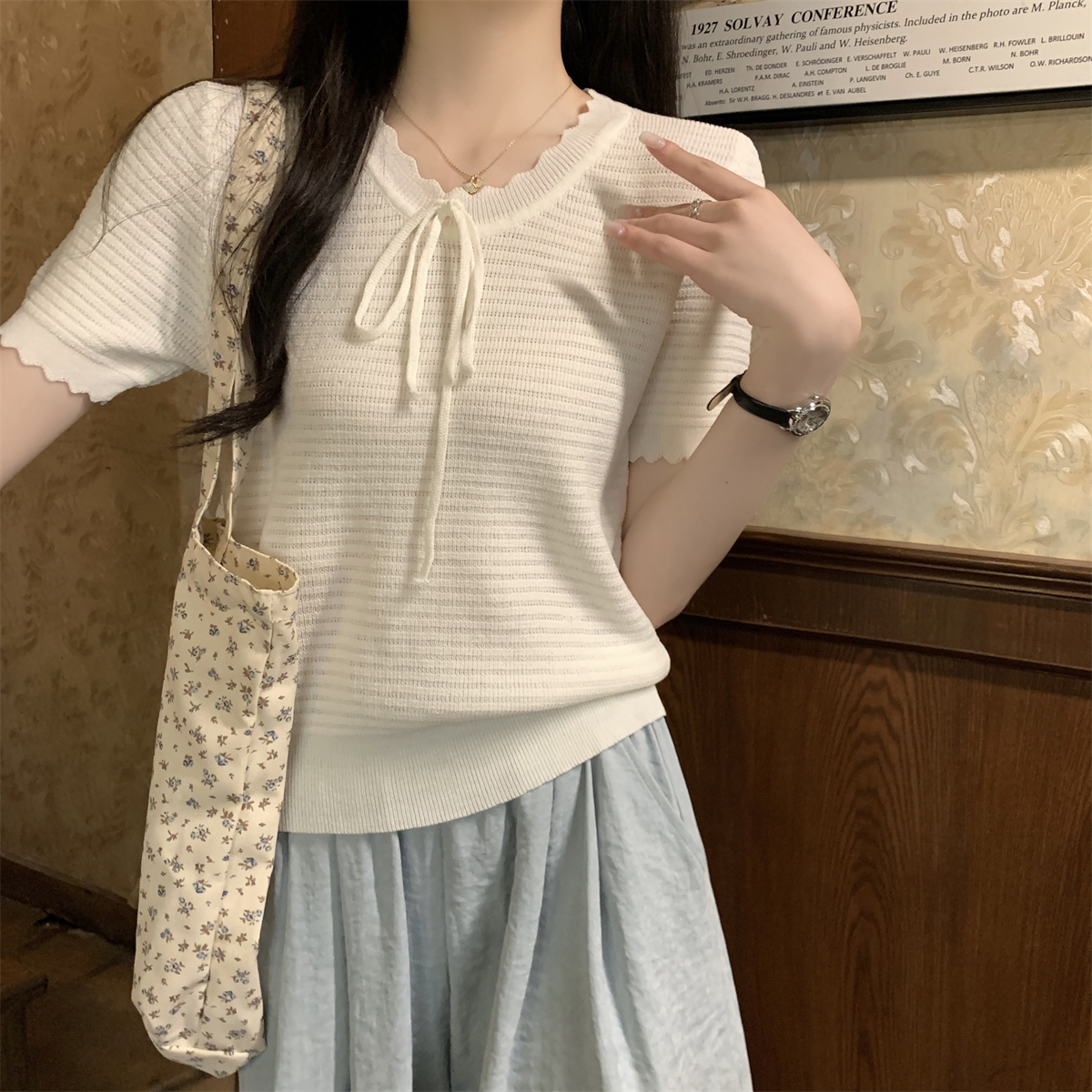 實拍 夏季韓版寬鬆甜美系帶減齡百搭針織短袖上衣女