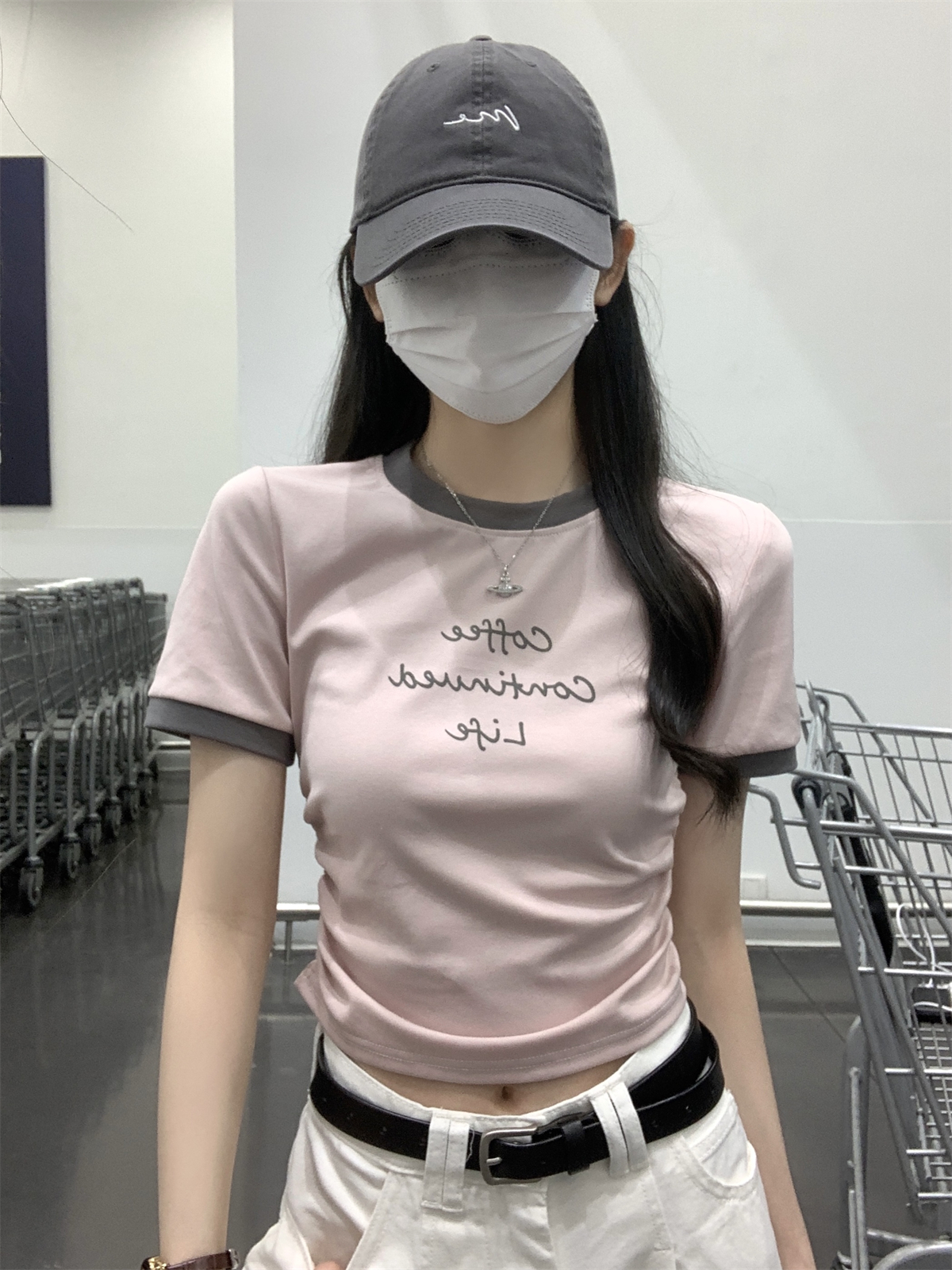 實拍 夏季韓版圓領撞色字母印花褶皺顯瘦純棉短袖T恤上衣