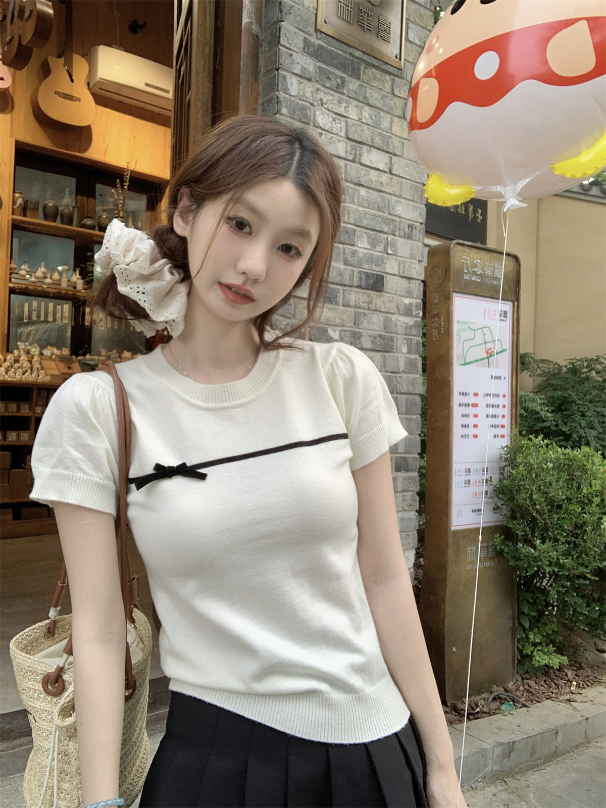 Photographed Summer Korean Style Fitted Sweet Butterfly Bow Youthful Andy Wool Knit Short-Sleeve Women's Top